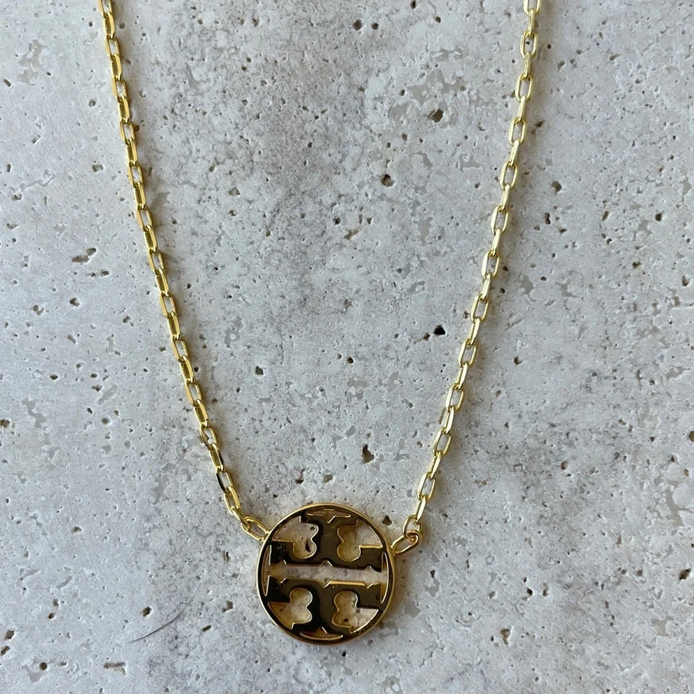Tory Burch Polished Gold Double-T Round Pendant Necklace